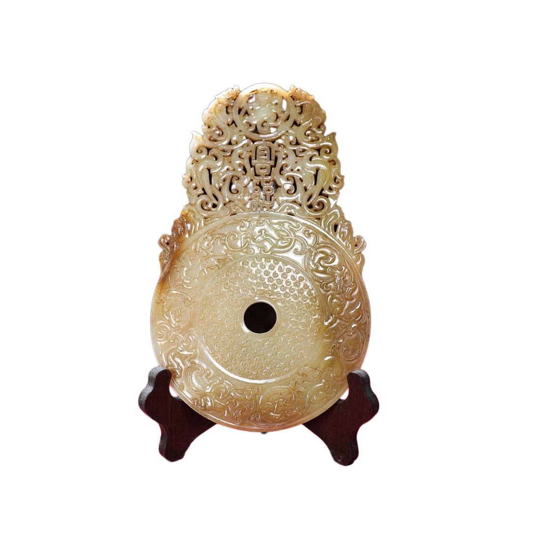 Vintage Hetian Jade Hand-Carved Divine Beast Jade Bi Statue w Dragon Phoenix: Vintage Hetian Jade Hand-Carved Divine Beast Jade Bi Statue w Dragon PhoenixDimension: 271 x 161 x 6 (mm) 10.67 x 6.34 x 0.24 (inches)Weight: 1.07 lbs/ 487 g