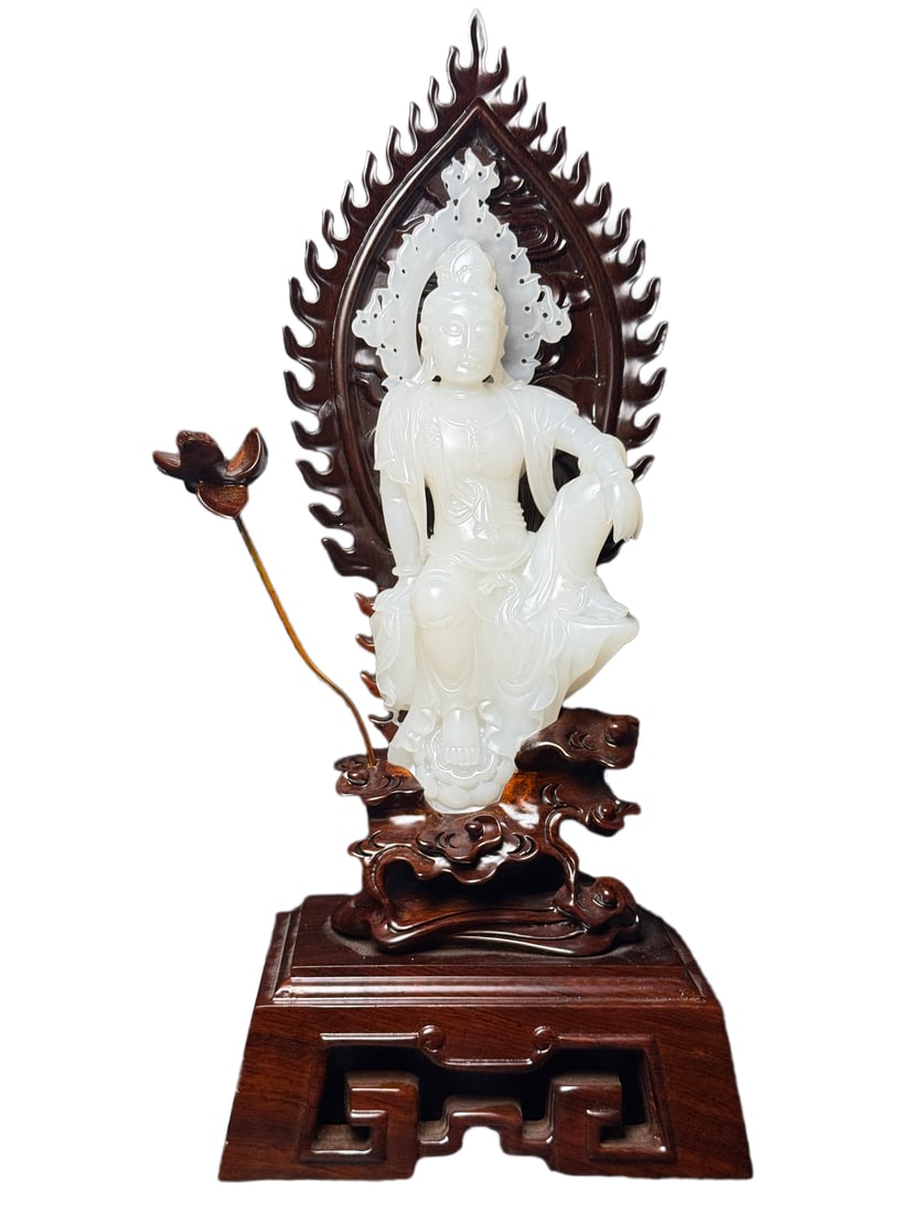Natural White Hetian Jade Hand-Carved Figure Statue w Kwan-yin: Natural White Hetian Jade Hand-Carved Figure Statue w Kwan-yin(This is a Mutton Fat White Hetian Jade? carving of Avalokitesvara (Guanyin) in the "Royal Ease" (Zizai) posture. The statue exudes an aur