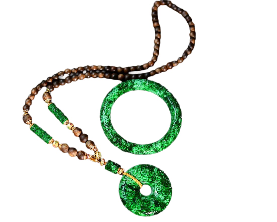 Natural Green Jadeite Hand-Carved Bracelet & Pendant w Hand Woven Chenxiang Wood Beads Necklace (1 of 10)