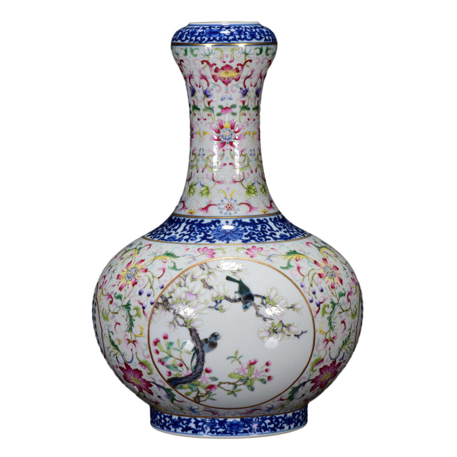 Porcelain Garlic-Head Vase Famille Rose w Flowers Bird,Qing Dynasty QianLong Mark: Porcelain Garlic-Head Vase Famille Rose w Flowers Bird,Qing Dynasty QianLong MarkDimension: 320 x 210 (mm) 12.60 x 8.27 (inches)