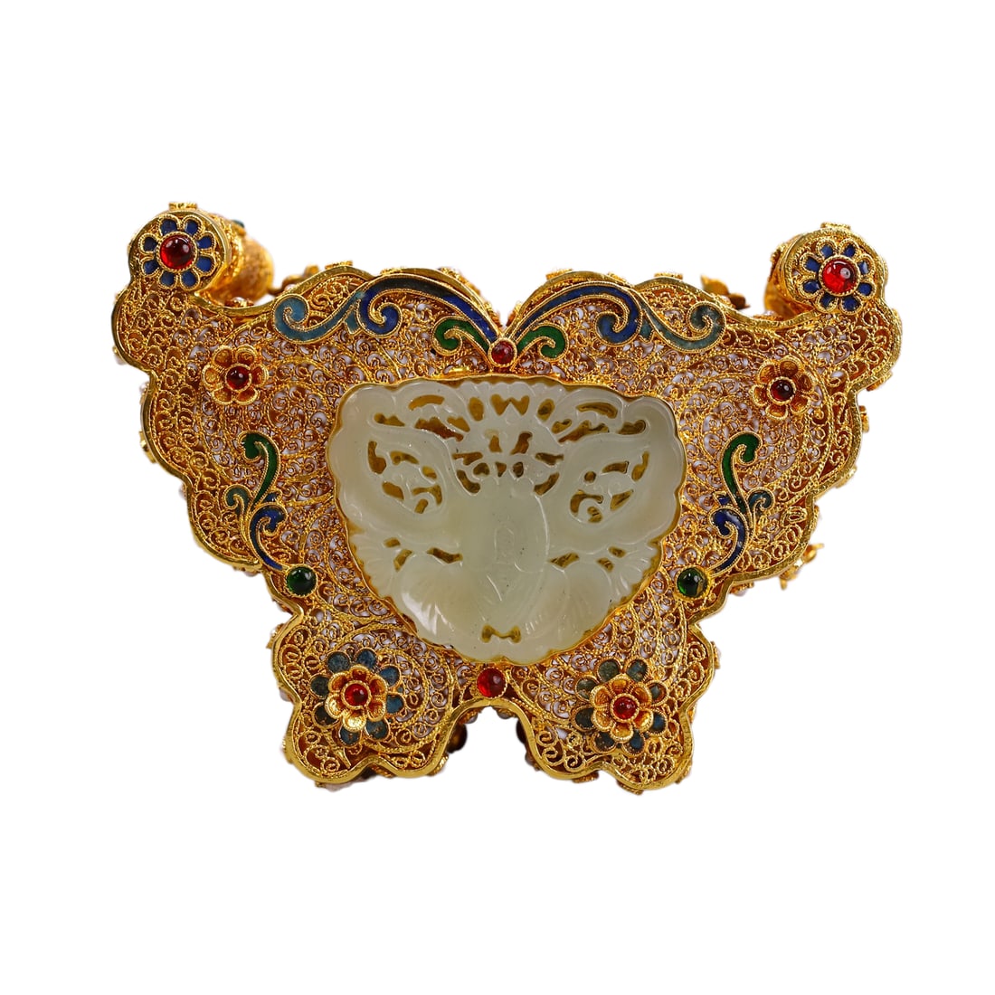 Gold Wires Enamel Inlay Hetian Jade Butterfly Shape Jewellery Box: Gold Wires Enamel Inlay Hetian Jade Butterfly Shape Jewellery BoxDimension: 120 x 80 (mm) 4.72 x 3.15 (inches) Weight: 0.51 lbs/ 230 g
