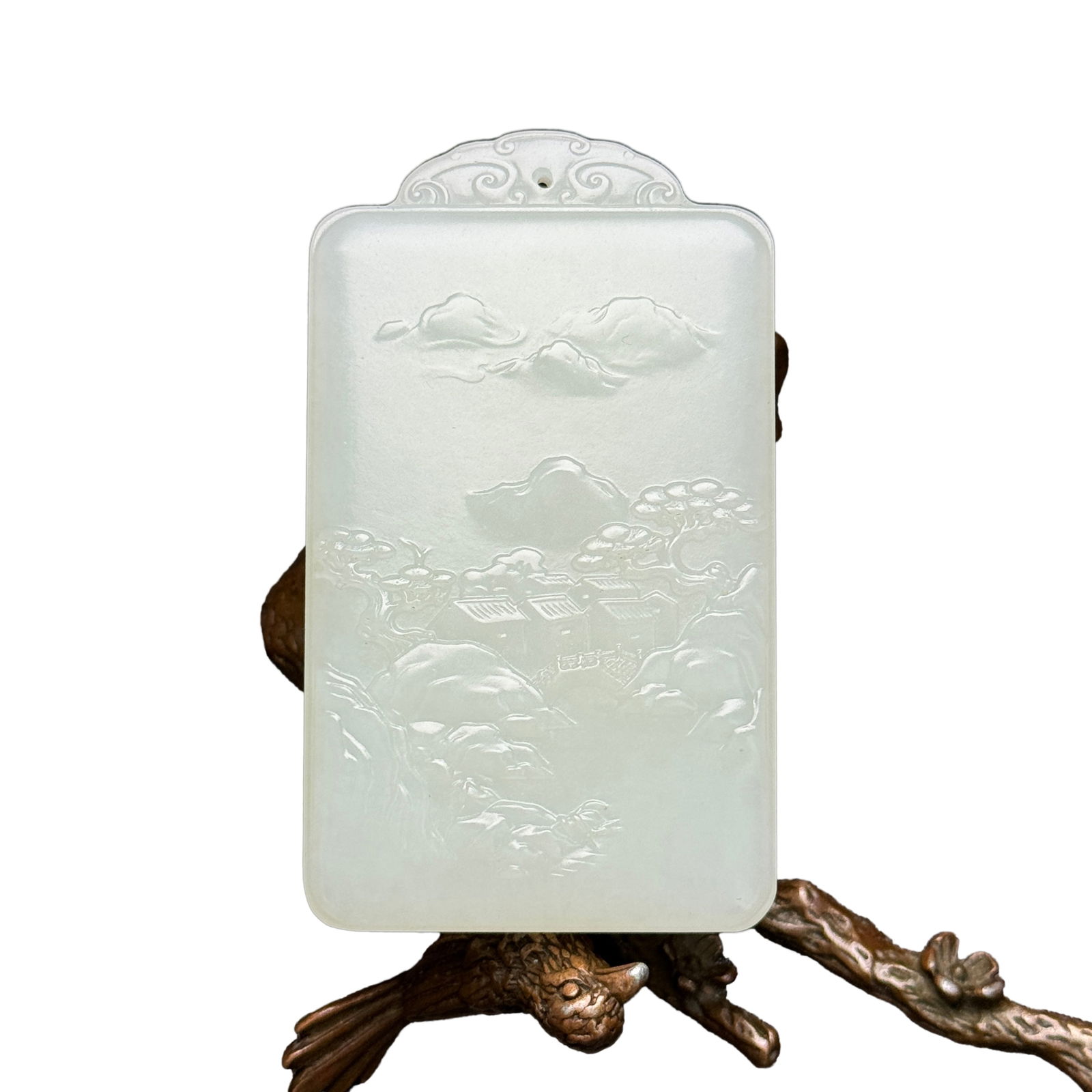 Natural White Hetian Jade Low Relief Scenery Pendant w Mountain River Scene: Natural White Hetian Jade Low Relief Scenery Pendant w Mountain River Scene?The jade carving depicts the theme of "lofty mountains and flowing water" as well as "verdant pines and cypresses," presenti