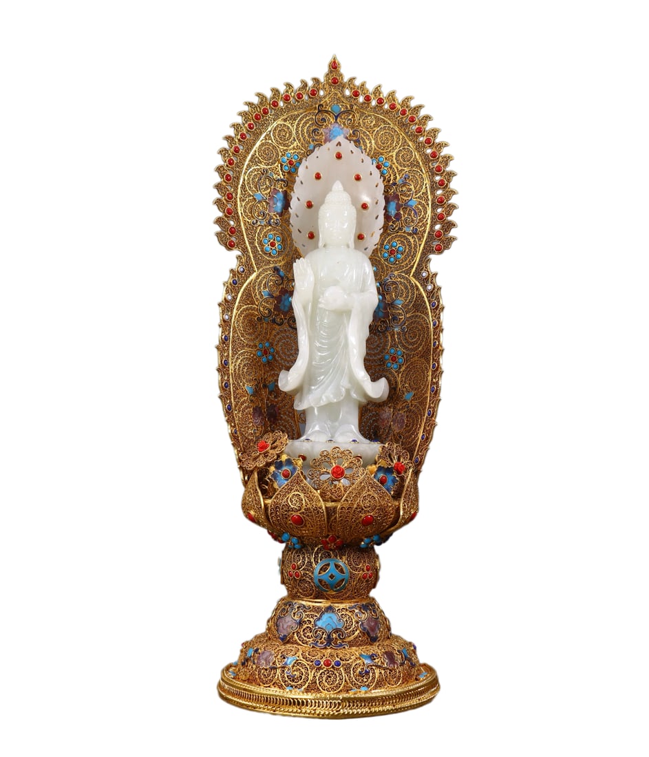 Natural Hetian Jade Hand-Carved Buddha Statue w Siddhartha Buddha & Gold Wires Enamel Inlay Gem Base (1 of 10)