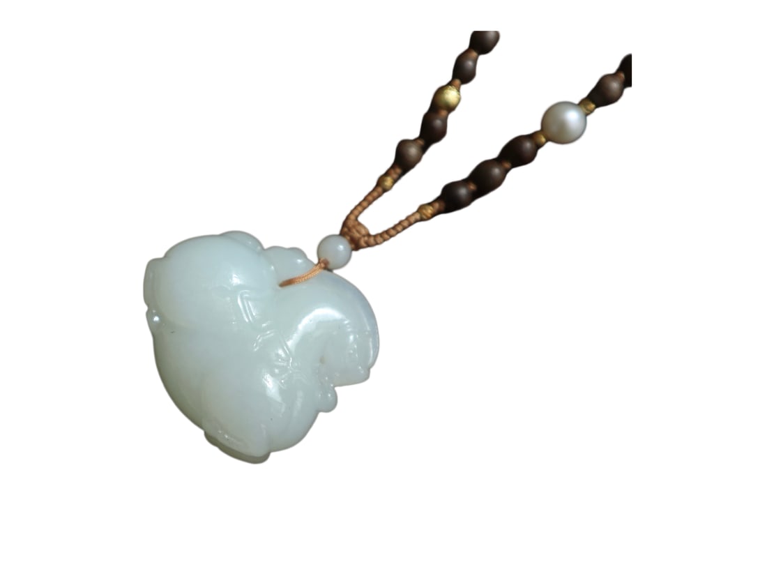 Natural White Hetian Jade Hand-Carved Animal Pendant w Horse & Chenxiang Wood Beads Necklace (1 of 10)