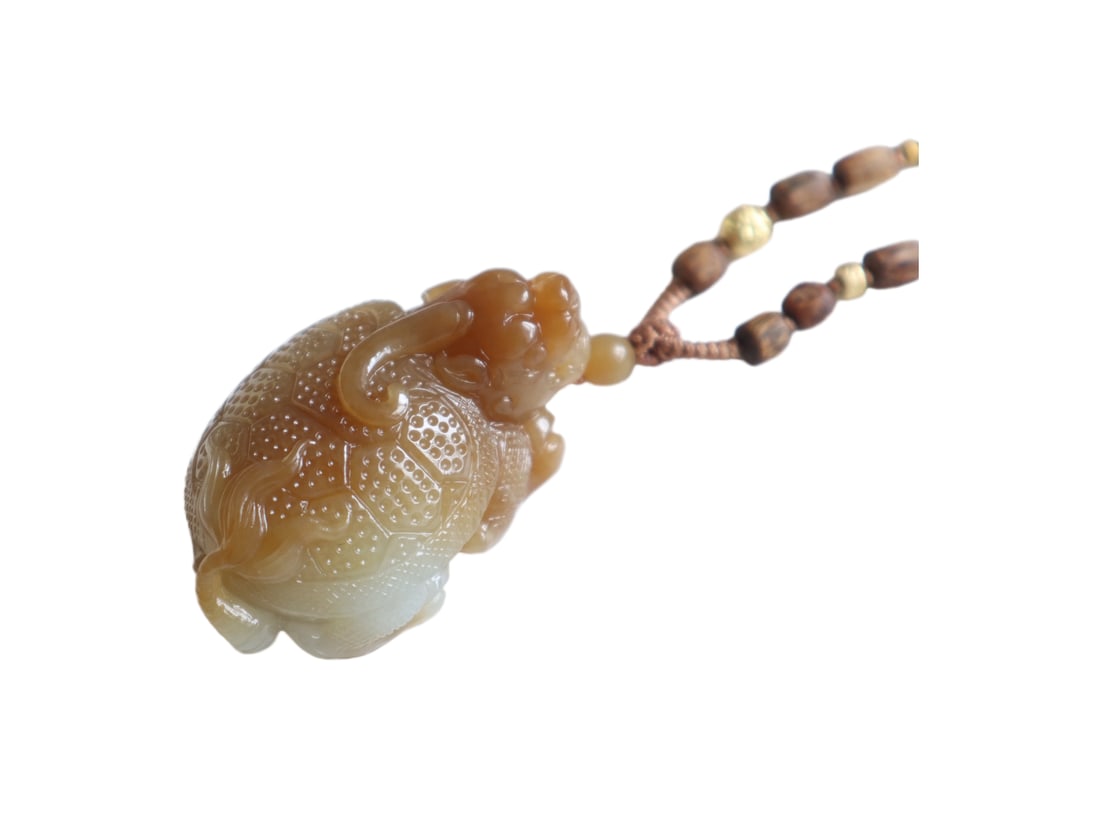 Natural Sugar White Hetian Jade Hand-Carved Beast Pendant w Dragon Turtle, Hand Woven Beads Necklace (1 of 9)