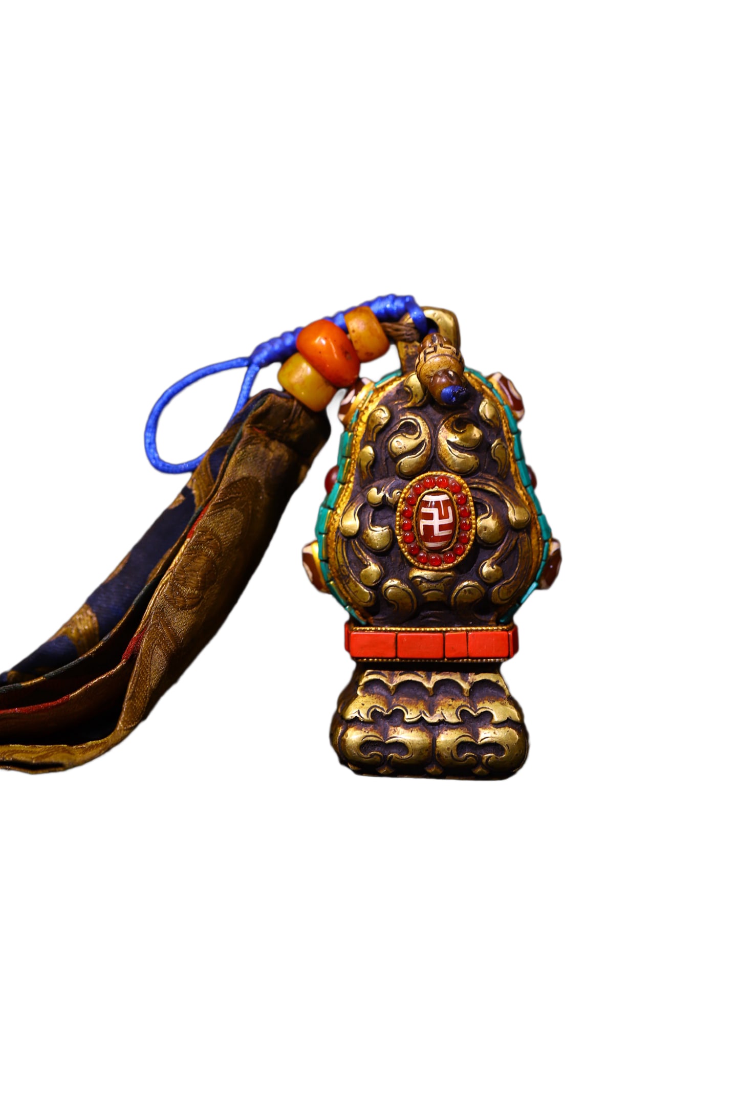 Tibetan Gilt Gold Copper Inlay DZI Agate & Turquoise & Gems Seal: Tibetan Gilt Gold Copper Inlay DZI Agate & Turquoise & Gems SealDimension: 120 x 65 (mm) 4.72 x 2.56 (inches) Weight: 2.34 lbs/ 1060 g