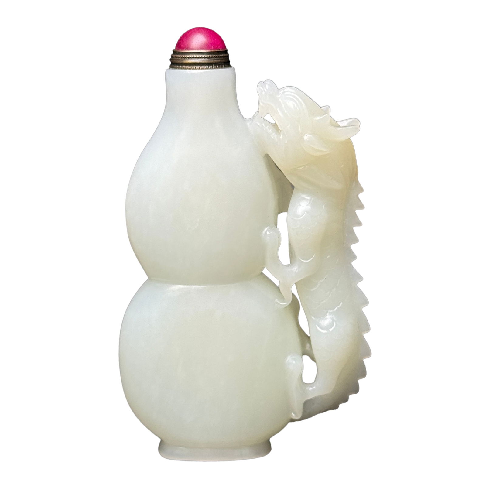 Natural White Hetian Jade Hand-Carved Snuff Bottle w Gourd & Dragon: Natural White Hetian Jade Hand-Carved Snuff Bottle w Gourd & DragonDimension: 100 x 59 x 19 (mm) 3.94 x 2.32 x 0.75 (inches) Weight: 0.31 lbs/ 139 g