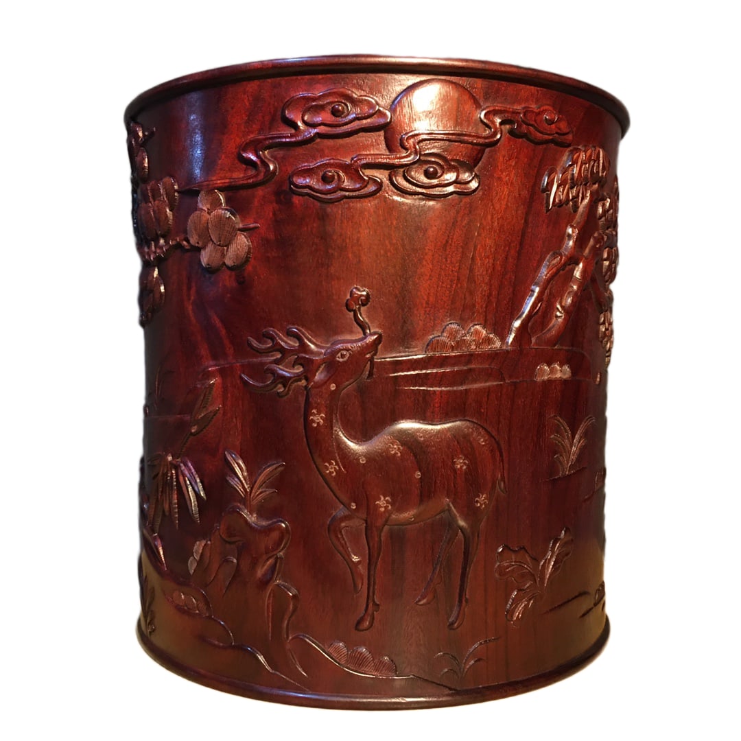 Vintage Huanghuali Wood Brush Pot Low Relief w Deer & Crane & Pine Tree: Vintage Huanghuali Wood Brush Pot Low Relief w Deer & Crane & Pine TreeDimension: 290 x 290 (mm) 11.42 x 11.42 (inches) Weight: 12.12 lbs/ 5500 g
