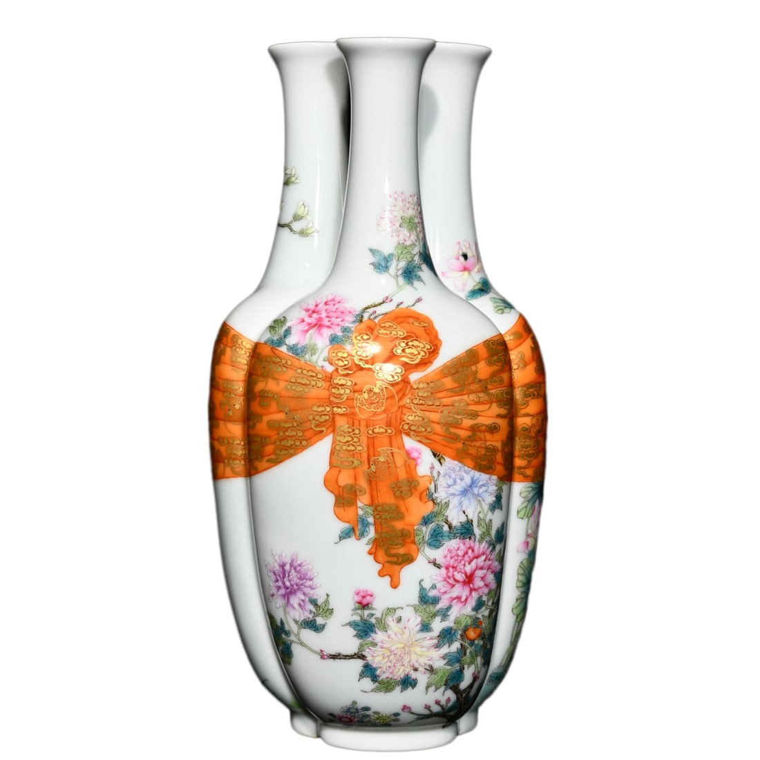 Porcelain Three-tubed Gourd Vase with Ribbon-shaped Ear Famille Rose w Flowers,Qing Dynasty Qianlong: Porcelain Three-tubed Gourd Vase with Ribbon-shaped Ears Famille Rose w All Flowers Bloom Together Qing Dynasty Qianlong Mark Dimension: 253 x 123 (mm) 9.96 x 4.84 (inches)