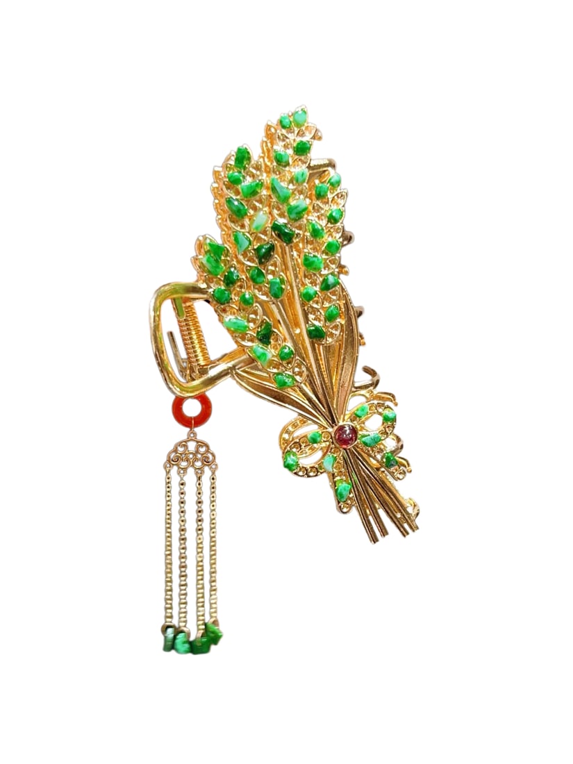 Gilt Gold Copper Inlay Green Jadeite Hair Claw: Gilt Gold Copper Inlay Green Jadeite Hair Claw
