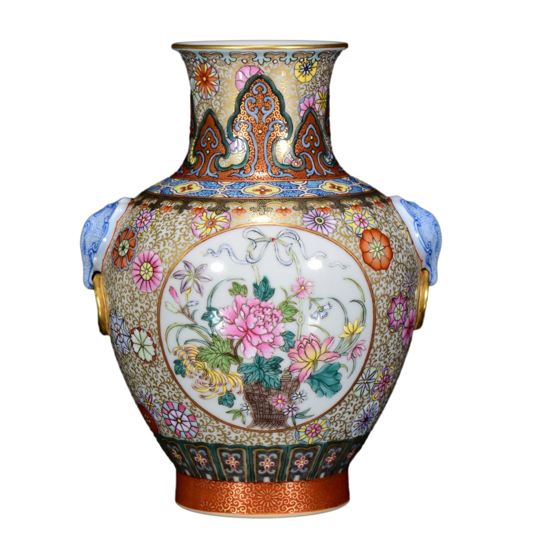 Porcelain Elephant-Handled Vase Famille Rose Enamel w Flowers,Qing Dynasty QianLong Mark: Porcelain Elephant-Handled Vase Famille Rose Enamel w Flowers,Qing Dynasty QianLong MarkDimension: 180 x 140 (mm) 7.09 x 5.51 (inches)