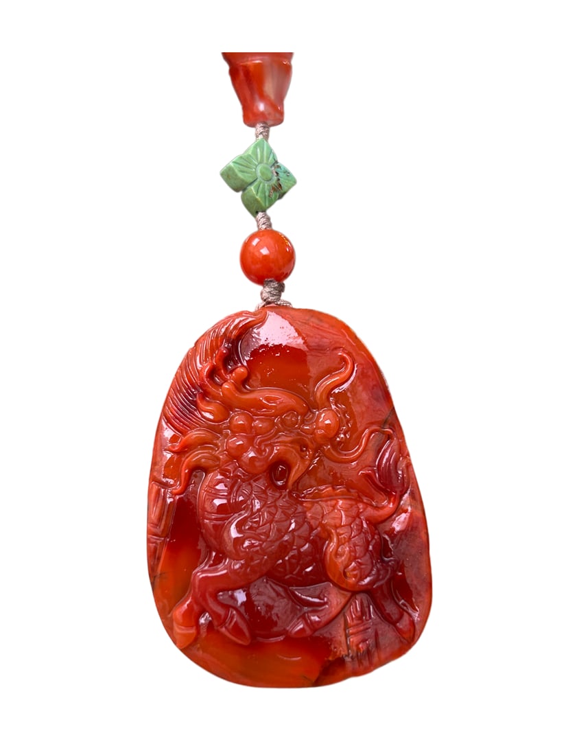 Natural Nanhong Agate Hand-Carved Divine Beast Pendant w Fortune Kylin: Natural Nanhong Agate Hand-Carved Divine Beast Pendant w Fortune Kylin & 108 Beads NecklaceDimension: 45.2 x 33.8 x 13.8 (mm) 1.78 x 1.33 x 0.54 (inches) Dimension: 7 (mm) 0.27 (inches) Weight: 0.19 l