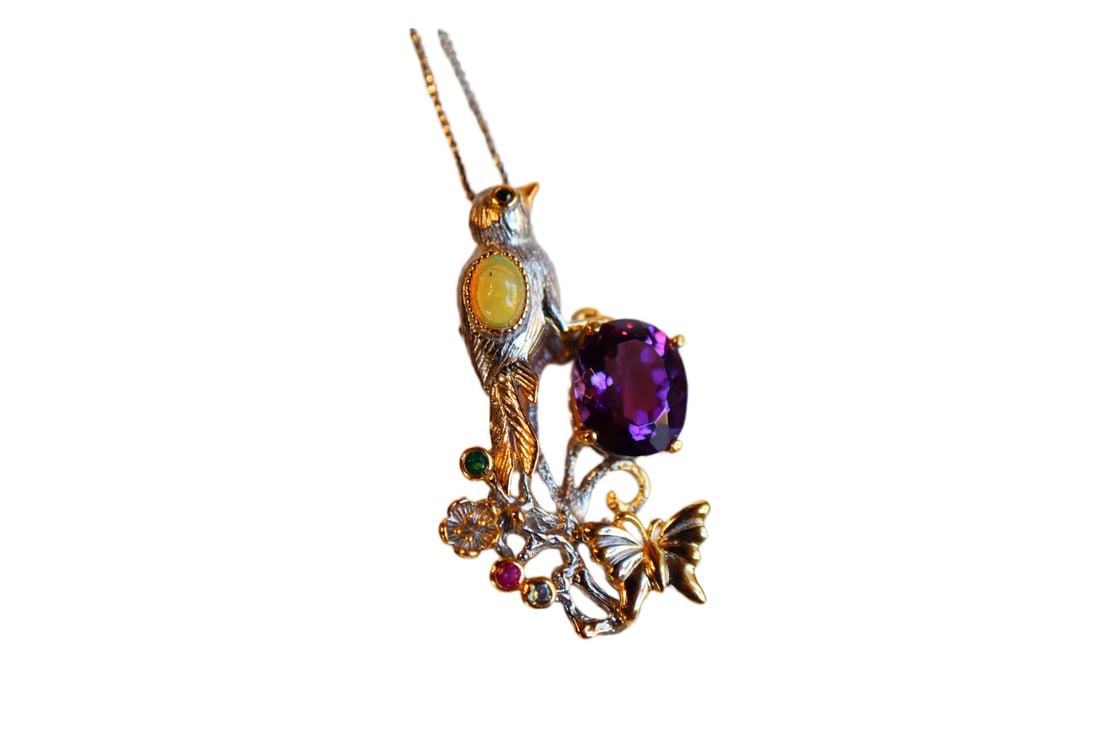 925 Silver Inlay Amethyst Pendant/Brooch w Bird & Butterfly: 925 Silver Inlay Amethyst Pendant/Brooch w Bird & ButterflyDimension: 39 x 23 (mm) 1.53 x 0.90 (inches)