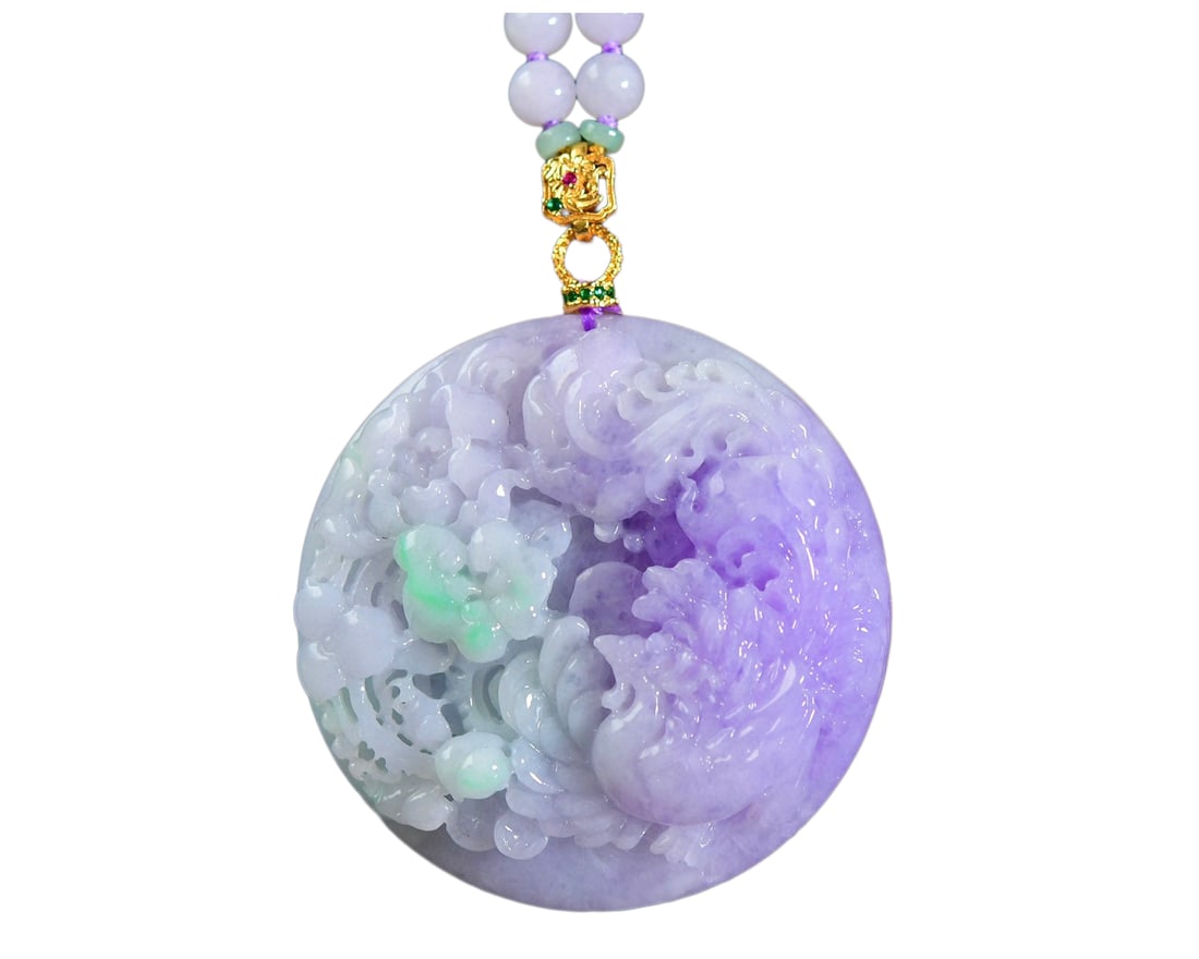 Purple Jadeite Hand-Carved Beast Pendant w Phoenix & Peony & Hand Woven Beads Necklace: Purple Jadeite Hand-Carved Beast Pendant w Phoenix & Peony & Hand Woven Beads NecklaceDimension: 51.7 x 11.8 (mm) 2.03 x 0.46 (inches)