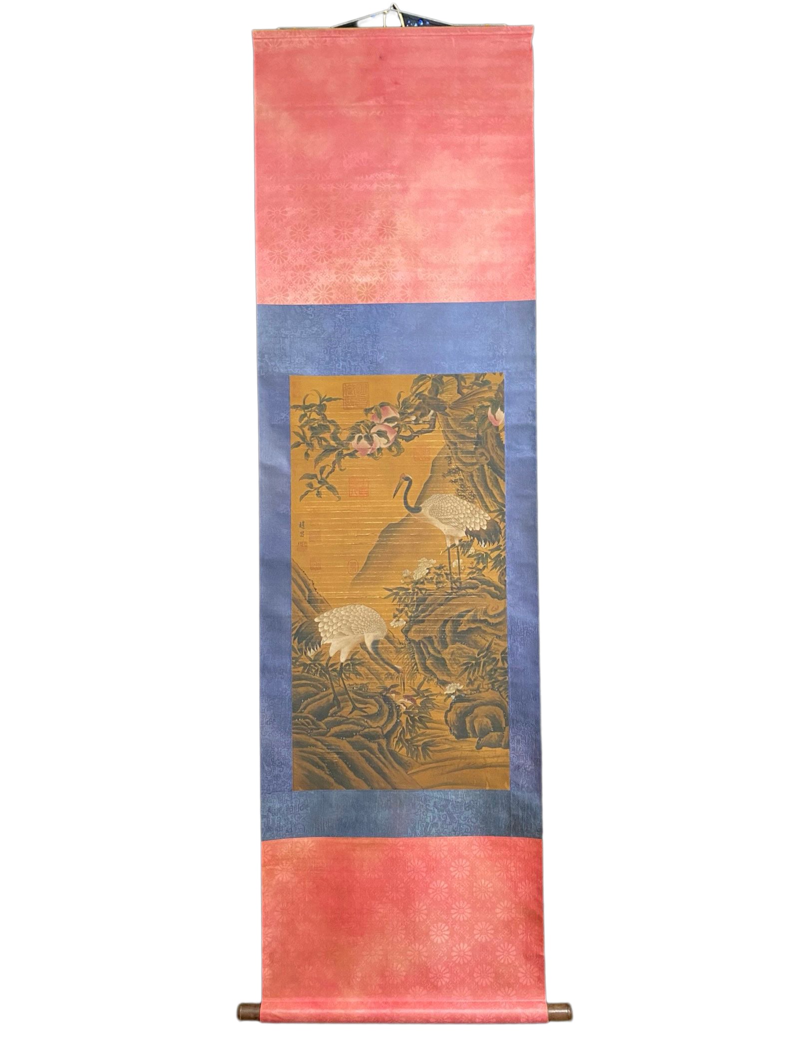 Chinese Watercolour On Silk Crane & Peach Design Painting - Zhao Chang: Chinese Watercolour On Silk Crane & Peach Design Painting - Zhao ChangDimension: 2050 x 600 (mm) 80.71 x 23.62 (inches) Dimension: 850 x 450 (mm) 33.46 x 17.72 (inches)