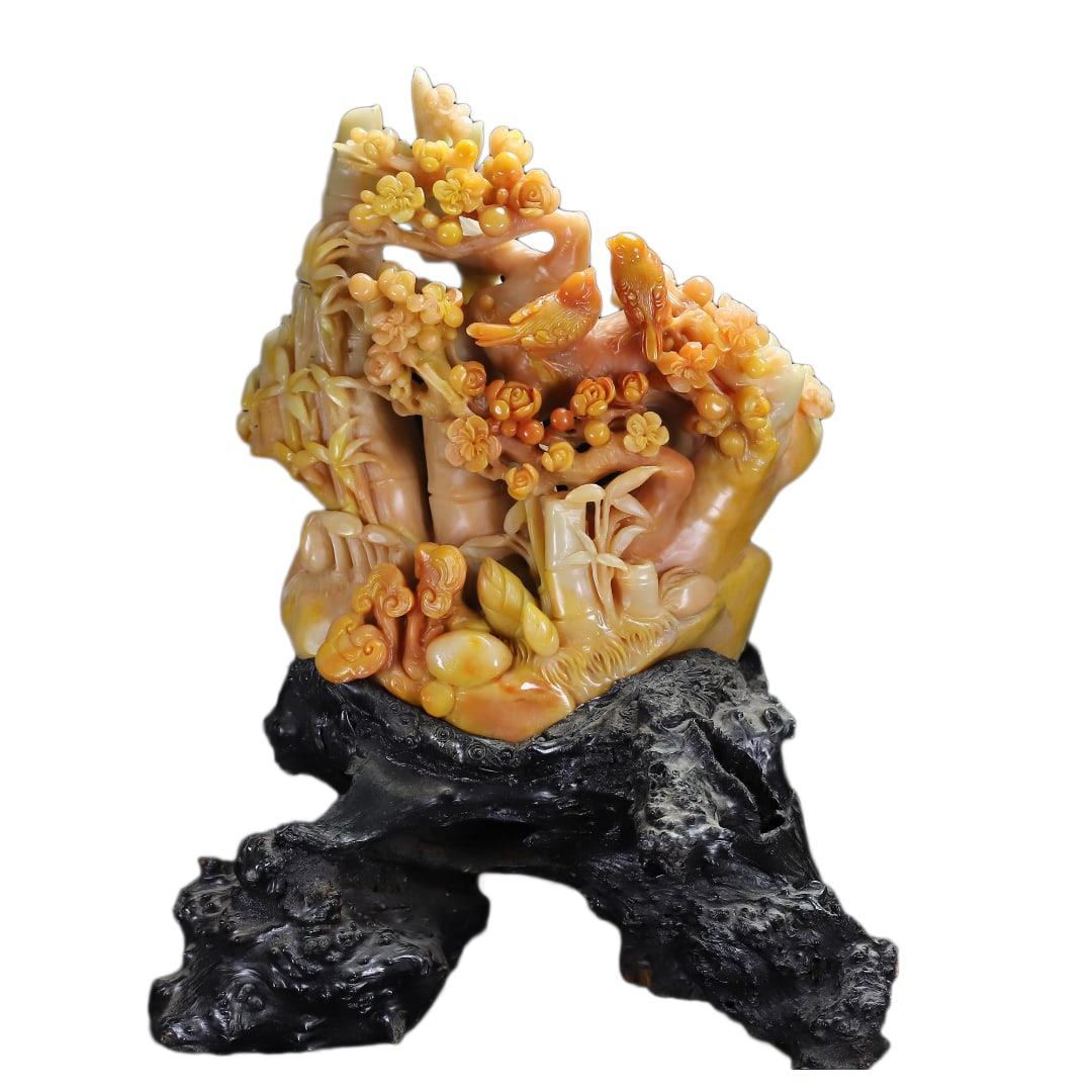 Shoushan Stone Hand-Carved Statue w Plum Flower & Magpie: Shoushan Stone Hand-Carved Statue w Plum Flower & MagpieDimension: 270 x 249 x 108 (mm) 10.63 x 9.80 x 4.25 (inches) Weight (without base): 10.89 lbs/ 4940 gThe total weight does not include the base.