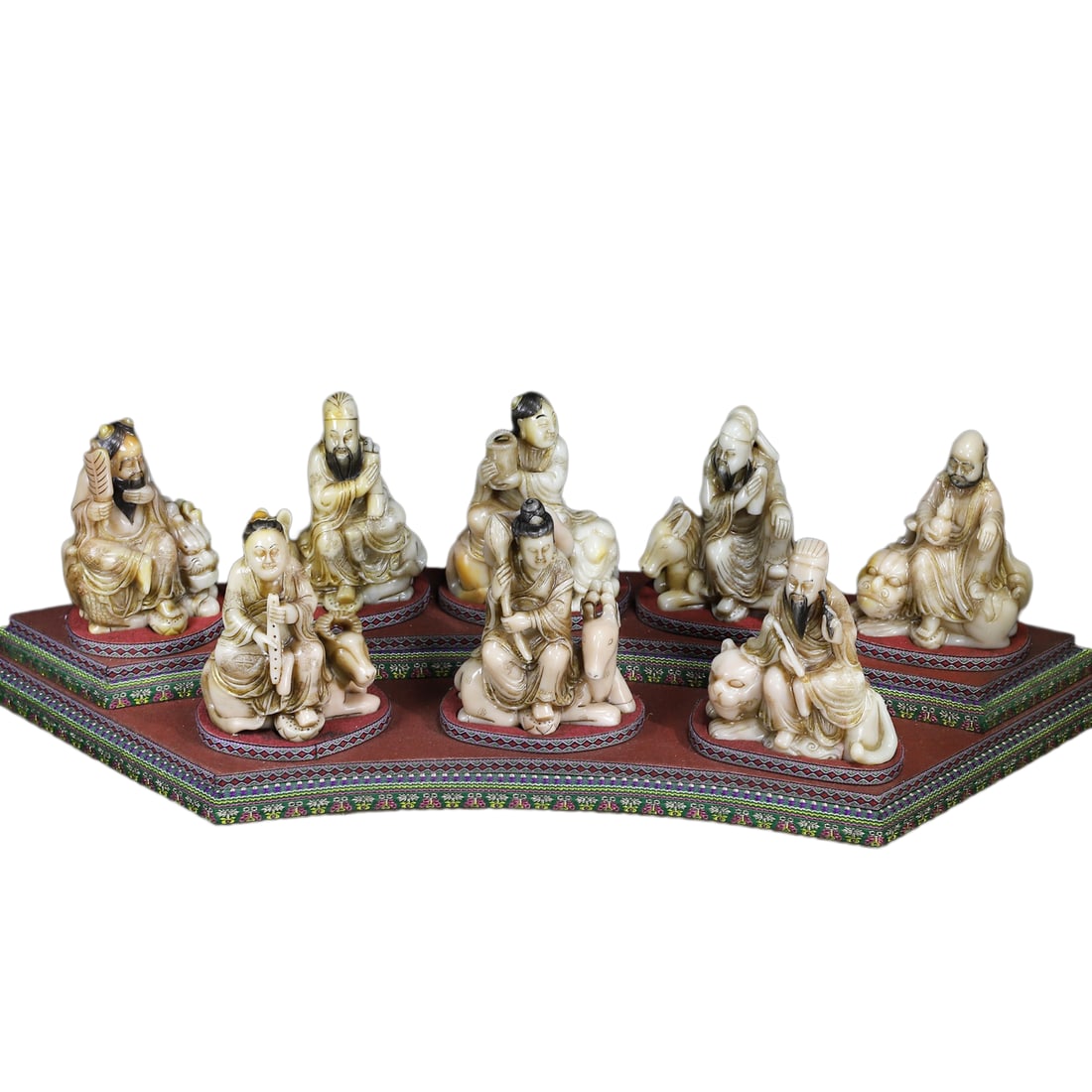 A Set Vintage Shoushan Stone Hand-Carved Figure Statue w Eight Taoism Deity: A Set Vintage Shoushan Stone Hand-Carved Figure Statue w Eight Taoism Deity Dimension: 140 x 120 x 60 (mm) 5.51 x 4.72 x 2.36 (inches) Weight (without base): 1350 lbs/ 6123 gThe total weight does not