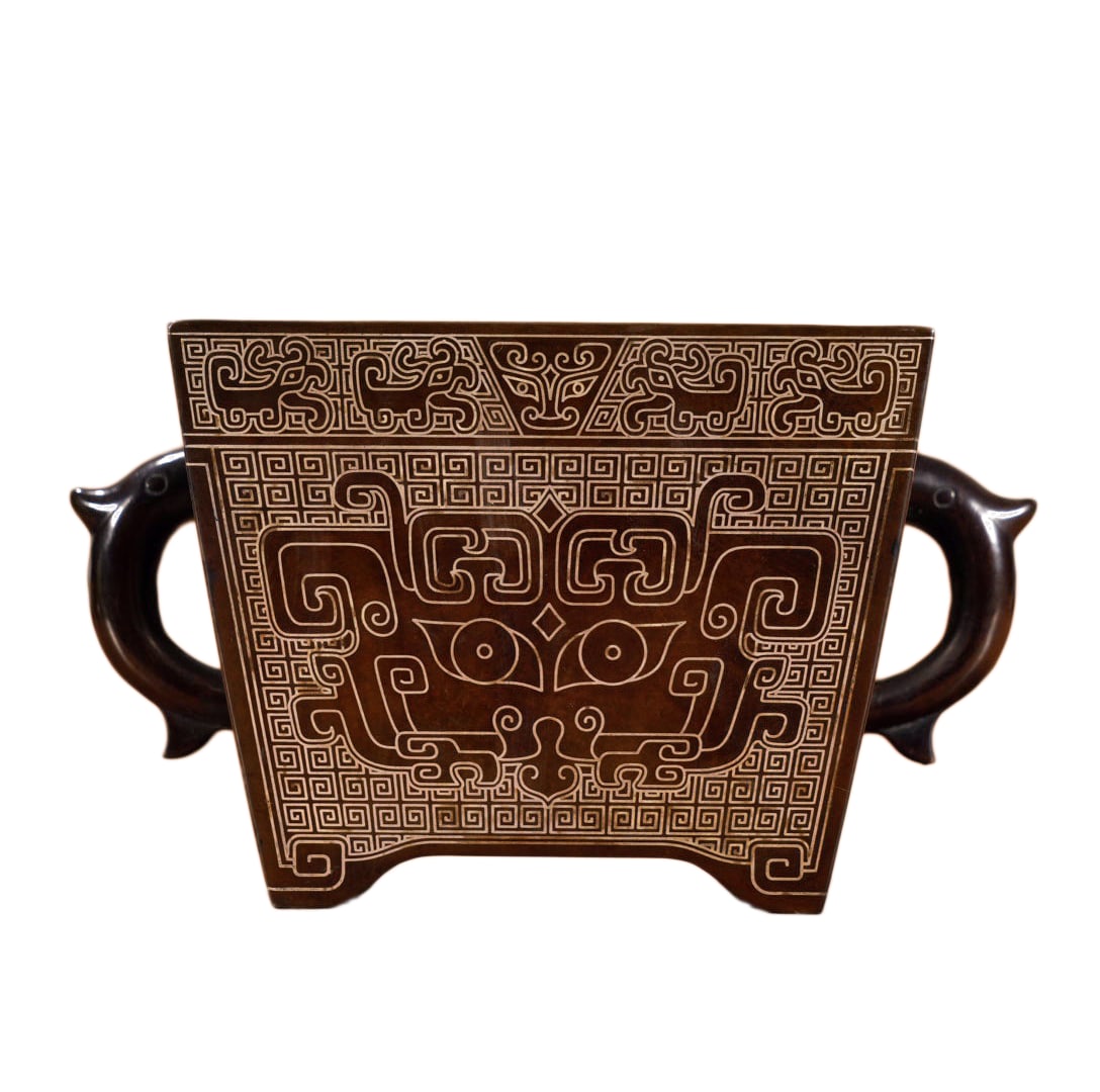 Vintage Copper Inlay Silver Wires Double Ears Incense Burner w Fortune Beast: Vintage Copper Inlay Silver Wires Double Ears Incense Burner w Fortune Beast Dimension: 95 x 130 (mm) 3.74 x 5.12 (inches) Weight: 5.51 lbs/ 2500 g