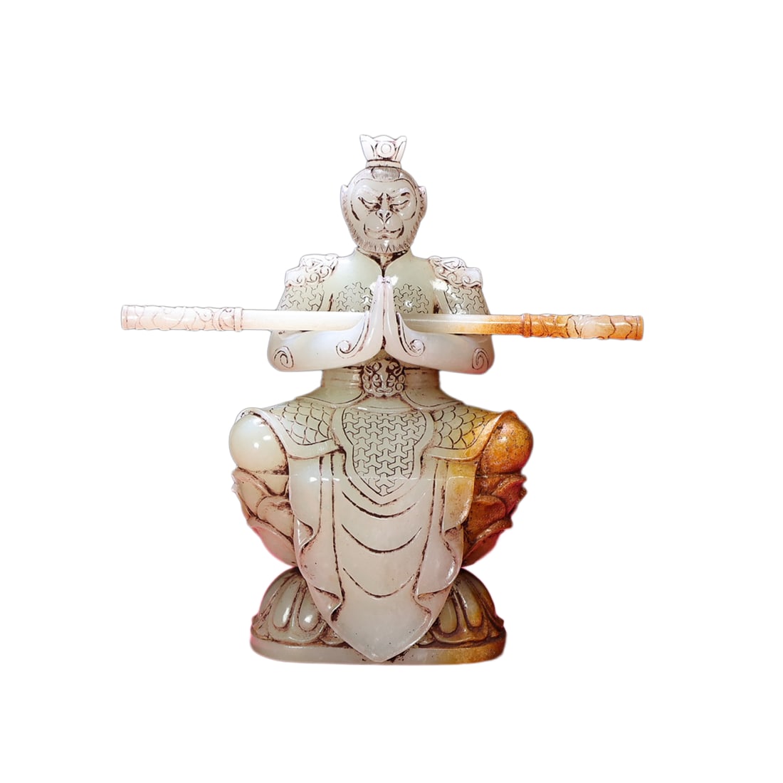 Vintage Hetian Jade Hand-Carved Figure Statue w Victorious Fighting Buddha: Vintage Hetian Jade Hand-Carved Figure Statue w Victorious Fighting BuddhaDimension: 175 x 95 x 59 (mm) 6.89 x 3.74 x 2.32 (inches) Dimension: 167 x 7 (mm) 6.57 x 0.27 (inches) Weight: 2.40 lbs/ 1088