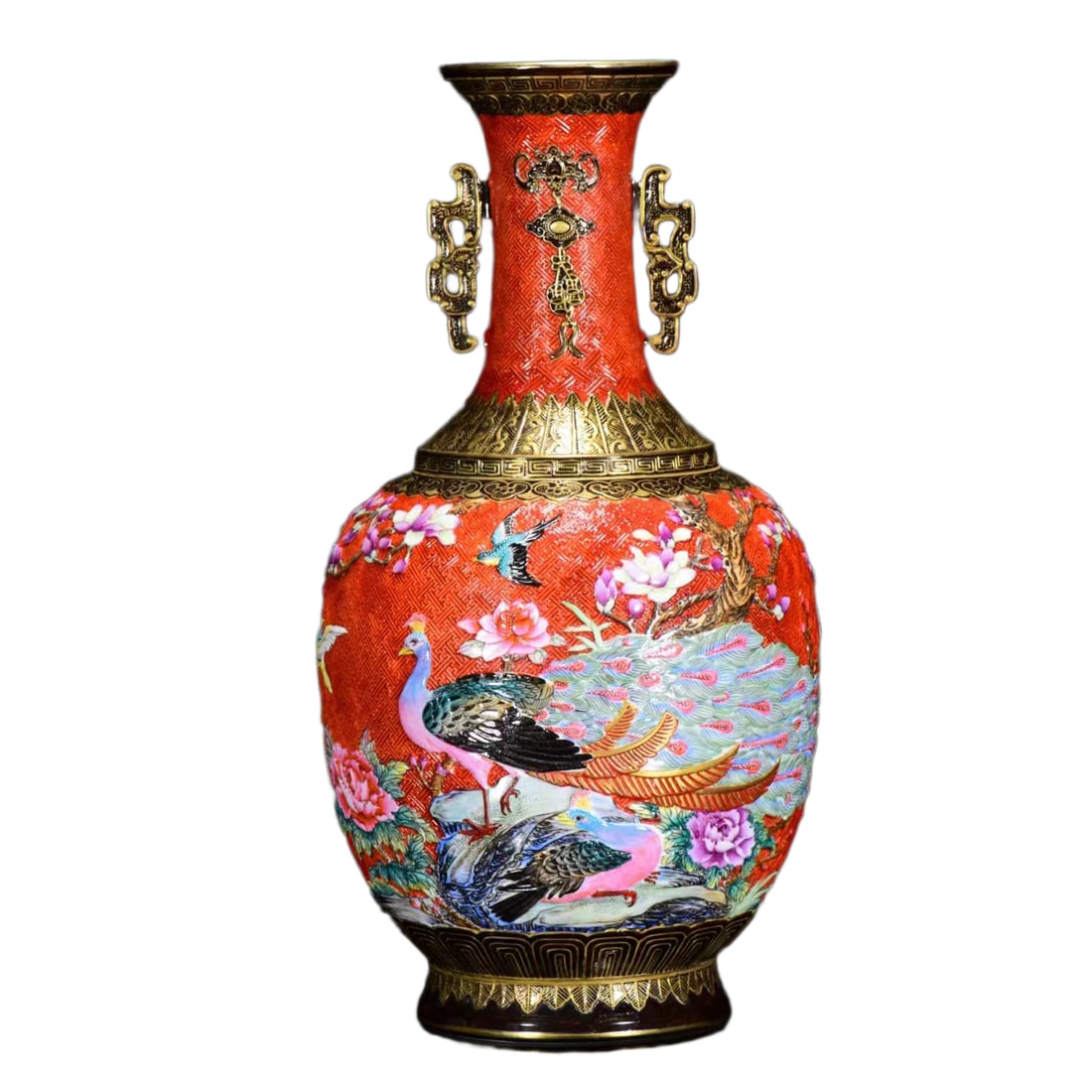 Porcelain Vase Red Glaze Famille Rose w Phoenix & Peony,Qing Dynasty QianLong Mark: Porcelain Vase Red Glaze Famille Rose w Phoenix & Peony,Qing Dynasty QianLong MarkDimension: 330 x 170 (mm) 12.99 x 6.69 (inches)
