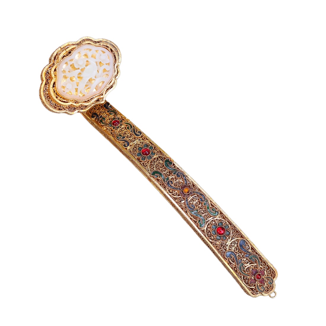 Gold Wires Enamel Inlay Hetian Jade & Gems Ruyi Scepter Statue (1 of 11)