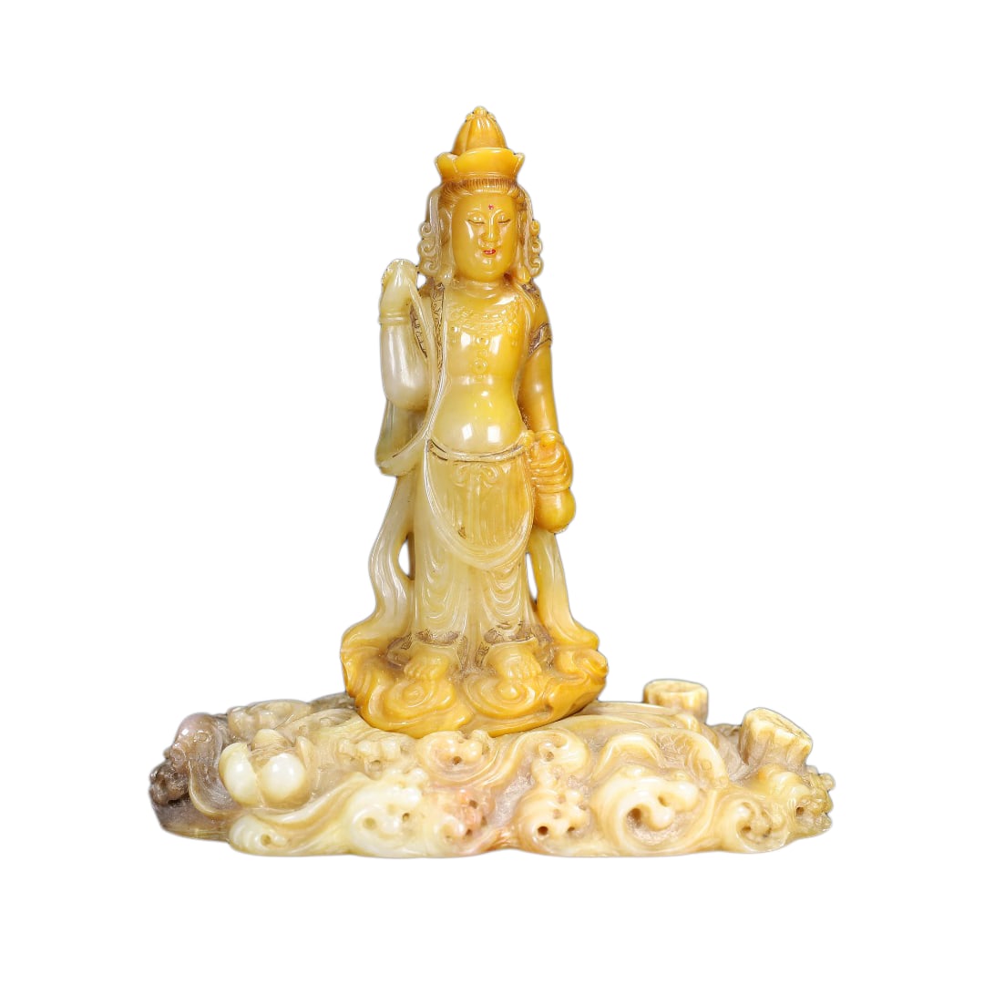 Vintage Tianhuang Shoushan Stone Hand-Carved Buddha Statue w Kwan-yin: Vintage Tianhuang Shoushan Stone Hand-Carved Buddha Statue w Kwan-yinDimension: 90 x 40 x 21 (mm) 3.54 x 1.57 x 0.83 (inches) Total Weight :0.36 lbs/ 166 gThe total weight does not include the base. T