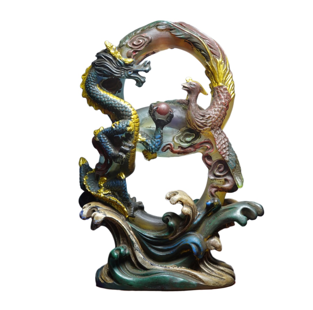 Vintage Peking Glass Dragon Phoenix Statue: Vintage Peking Glass Dragon Phoenix StatueDimension: 200 x 150 x 65 (mm) 7.87 x 5.90 x 2.56 (inches) Weight: 2.93 lbs/ 1303 g