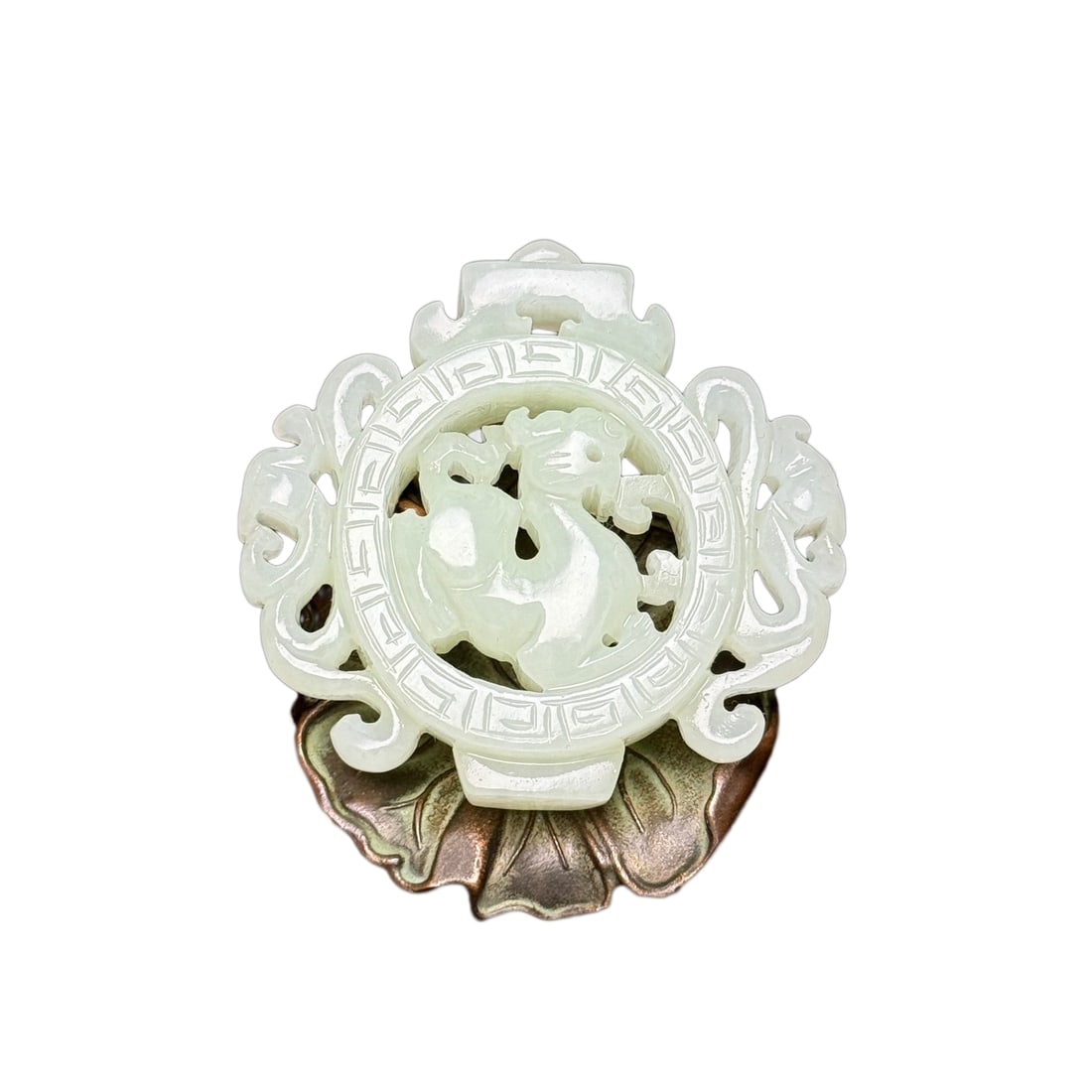 Natural Hetian Jade Hand-Carved Beast Pendant w Dragon: Natural Hetian Jade Hand-Carved Beast Pendant w DragonDimension: 58 x 55 x 13 (mm) 2.28 x 2.16 x 0.51 (inches) Weight: 0.06 lbs/ 51 g