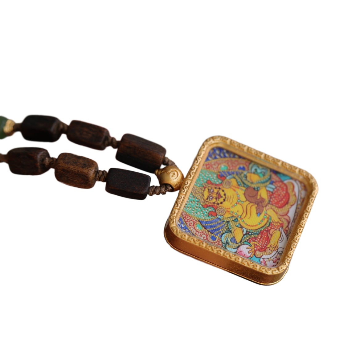 Yellow Jambhala Tangka Pendant w Chenxiang Wood,Turquoise,Lapis Lazuli,Agate Beads Necklace: Yellow Jambhala Tangka Pendant w Chenxiang Wood,Turquoise,Lapis Lazuli,Agate Beads NecklaceDimension: 29 x 28 (mm) 1.14 x 1.10 (inches)