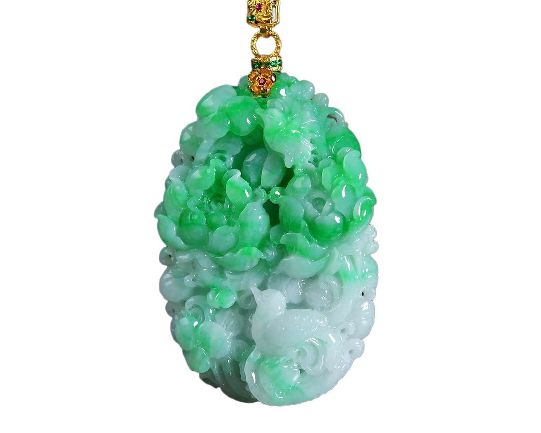 Jadeite Hand-Carved Peony & Bird Pendant w Hand Woven Beads Necklace: Jadeite Hand-Carved Peony & Bird Pendant w Hand Woven Beads Necklace Dimension: 64 x 43 x 12 (mm) 2.52 x 1.69 x 0.47 (inches)