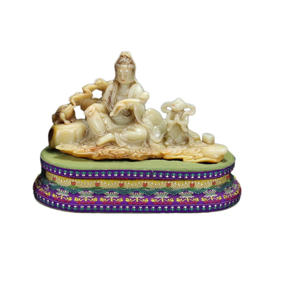 Vintage Tianhuang Shoushan Stone Hand-Carved Figure Statue w Kwan-yin: Vintage Tianhuang Shoushan Stone Hand-Carved Figure Statue w Kwan-yinDimension: 121 x 117 x 90 (mm) 4.76 x 4.61 x 3.54 (inches) Weight (without base): 2.64 lbs/ 1200 gThe total weight does not include