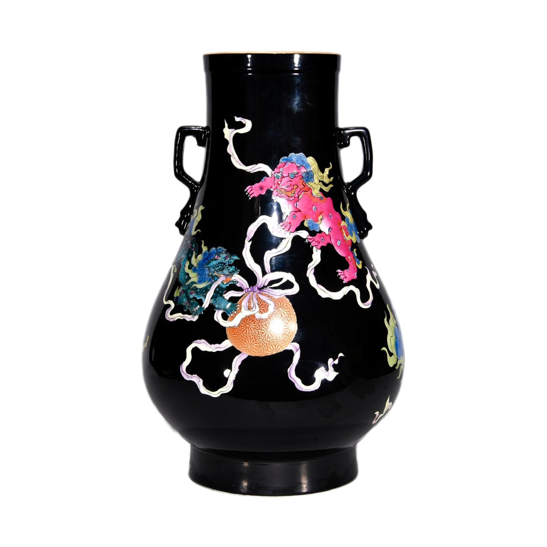 Porcelain Vase Black Glaze Famille Rose w Fortune Lion,Qing Dynasty Yongzheng Mark (1 of 10)