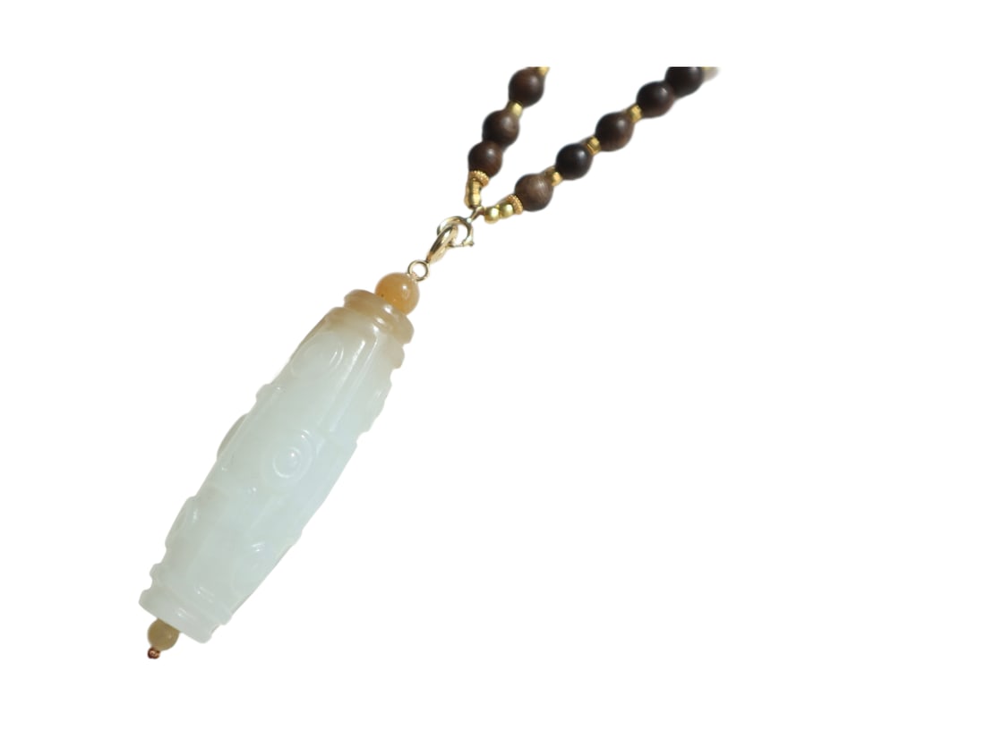 Natural Hetian Jade Hand-Carved Pendant w Hand Woven Chenxiang Wood Beads Necklace (1 of 7)
