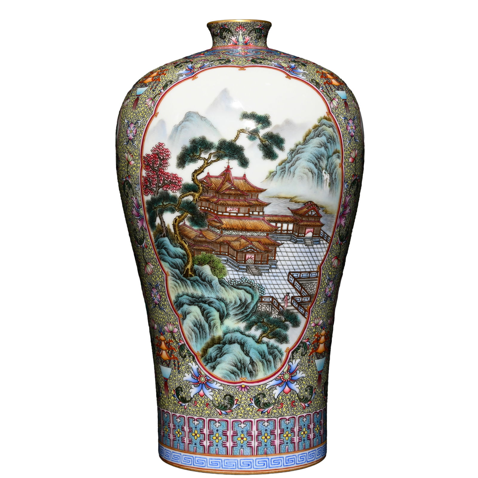 Porcelain Vase Famille Rose w Mountain River Scene,Qing Dynasty Yongzheng Mark: Porcelain Vase Famille Rose w Mountain River Scene,Qing Dynasty Yongzheng MarkDimension: 315 x 190 (mm) 12.40 x 7.48 (inches)