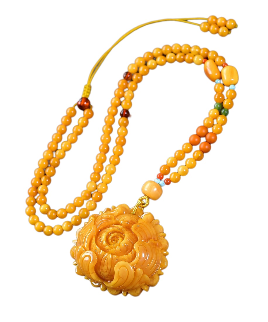 Beeswax Hand-Carved Peony Pendant w Hand Woven Beeswax Beads Necklace: Beeswax Hand-Carved Peony Pendant w Hand Woven Beeswax Beads Necklace Dimension: 50 x 46 x 22 (mm) 1.97 x 1.81 x 0.87 (inches) Weight: 0.08 lbs/ 38 g