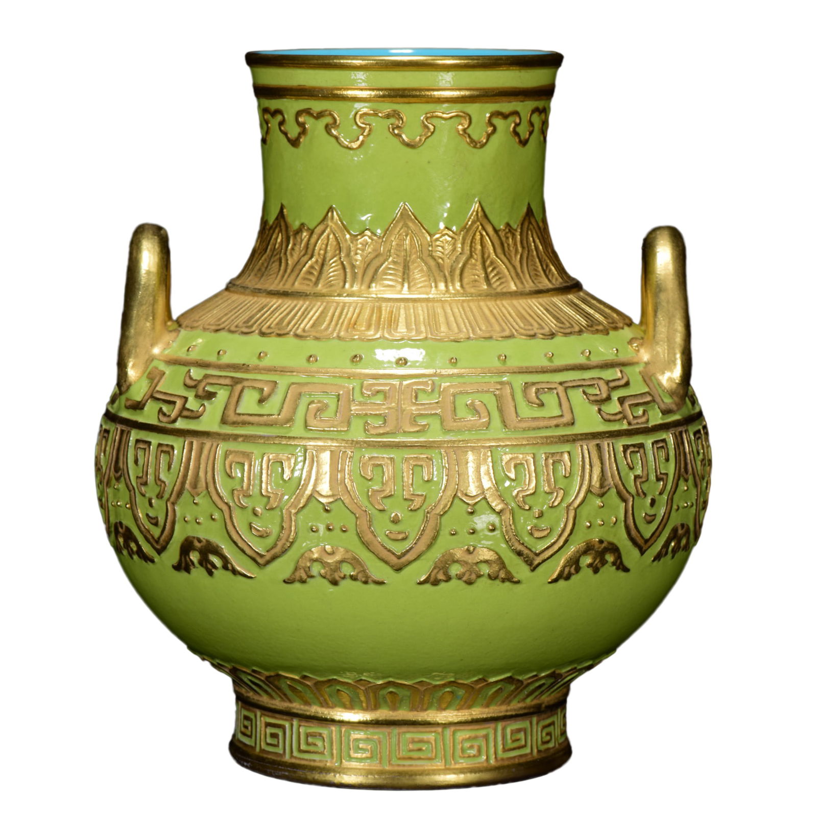 Porcelain Vase Gilt Gold Green Glaze w Qing Dynasty QianLong Mark: Porcelain Vase Gilt Gold Green Glaze w Qing Dynasty QianLong MarkDimension: 160 x 130 (mm) 6.30 x 5.12 (inches)