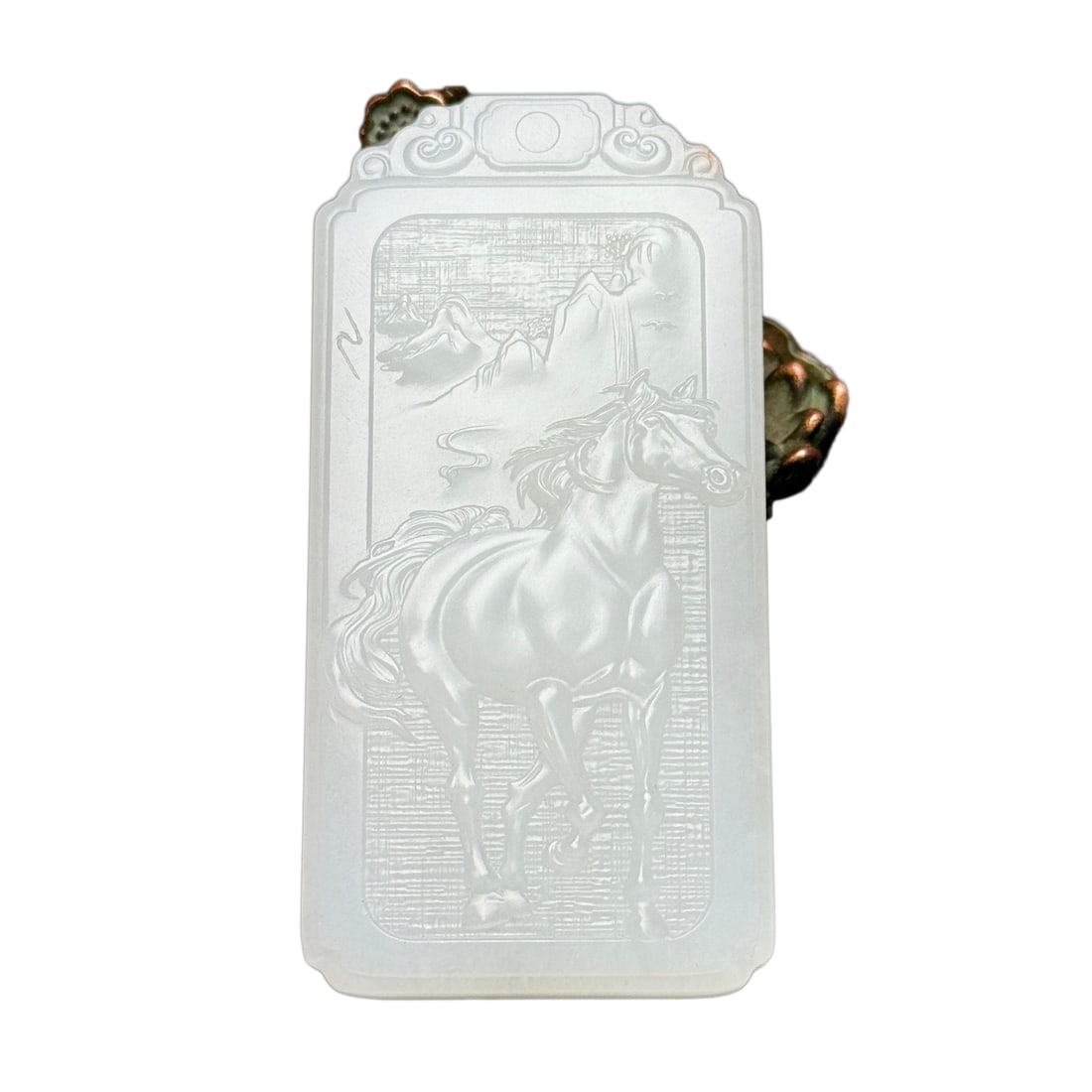 Natural White Hetian Jade Low Relief Pendant w Horse: Natural White Hetian Jade Low Relief Pendant w HorseDimension: 89 x 44 x 12 (mm) 3.50 x 1.73 x 0.47 (inches) Weight: 0.24 lbs/ 111 g