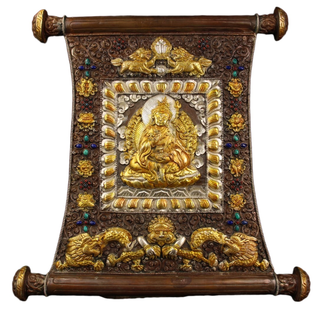 Tibetan Gilt Gold Copper Tangka w Padmasambhava Buddha: Tibetan Gilt Gold Copper Tangka w Padmasambhava BuddhaDimension: 350 x 350 (mm) 13.78 x 13.78(inches) Weight: 2.36 lbs/ 1070 g