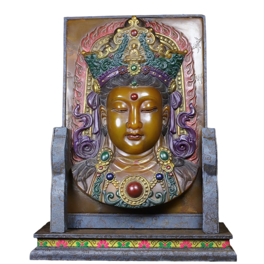 Colored Drawing Tianhuang Shoushan Stone Hand-Carved Statue w Kwan-yin: Colored Drawing Tianhuang Shoushan Stone Hand-Carved Statue w Kwan-yinDimension: 375 x 300 x 130 (mm) 13.38 x 9.05 (inches) Weight (without base): 18.46 lbs/ 8372 gThe total weight does not include th