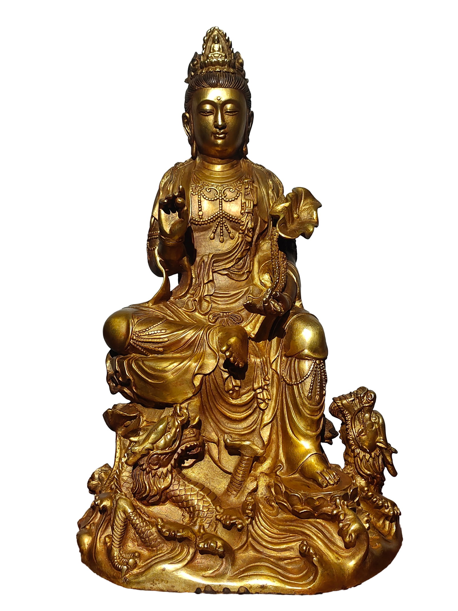 Tibetan Gilt Gold Copper Buddha Statue w Kwan-yin: Tibetan Gilt Gold Copper Buddha Statue w Kwan-yinDimension: 370 x 220 x 160 (mm) 14.57 x 8.66 x 6.30 (inches) Weight: 9.04 lbs/ 4100 g