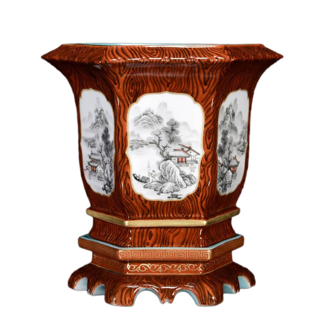 Porcelain Flowerpot Wood Grain Glaze Mocai w Mountain River Scene,Qing Dynasty QianLong Mark: Porcelain Flowerpot Wood Grain Glaze Mocai w Mountain River Scene,Qing Dynasty QianLong MarkDimension: 250 x 220 (mm) 9.84 x 8.66(inches)