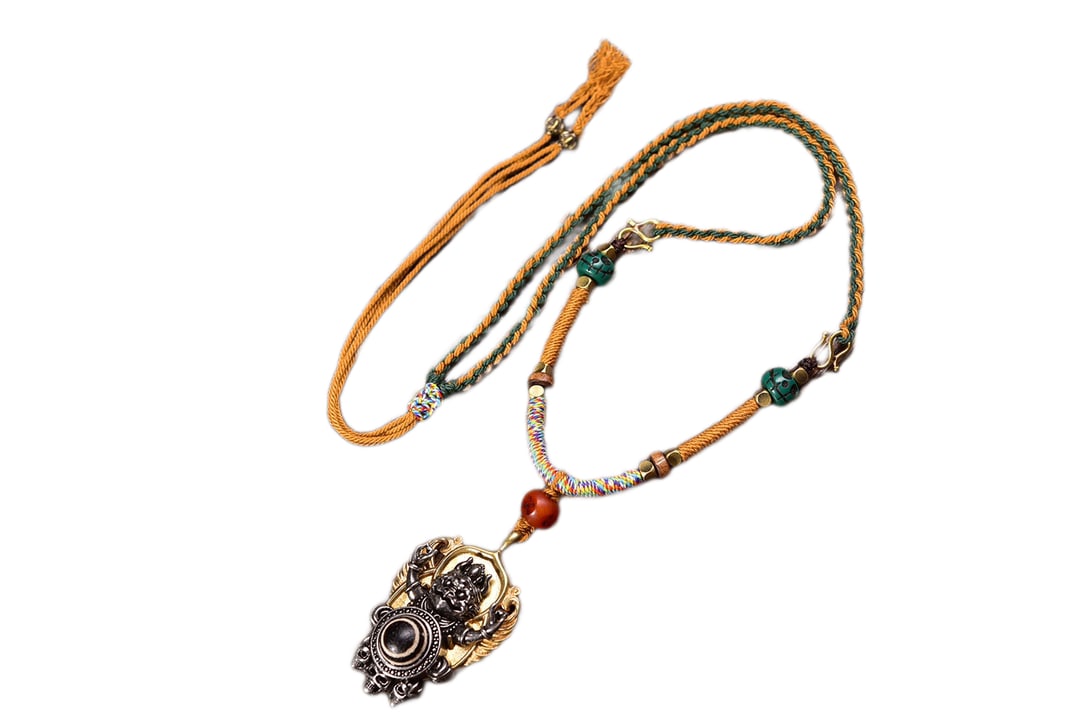 Tibetan Copper Inlay DZI Agate Yellow Jambhala Pendant: Tibetan Copper Inlay DZI Agate Yellow Jambhala PendantDimension: 44 x 33 (mm) 1.73 x 1.30 (inches) Weight: 0.08 lbs/ 35 g