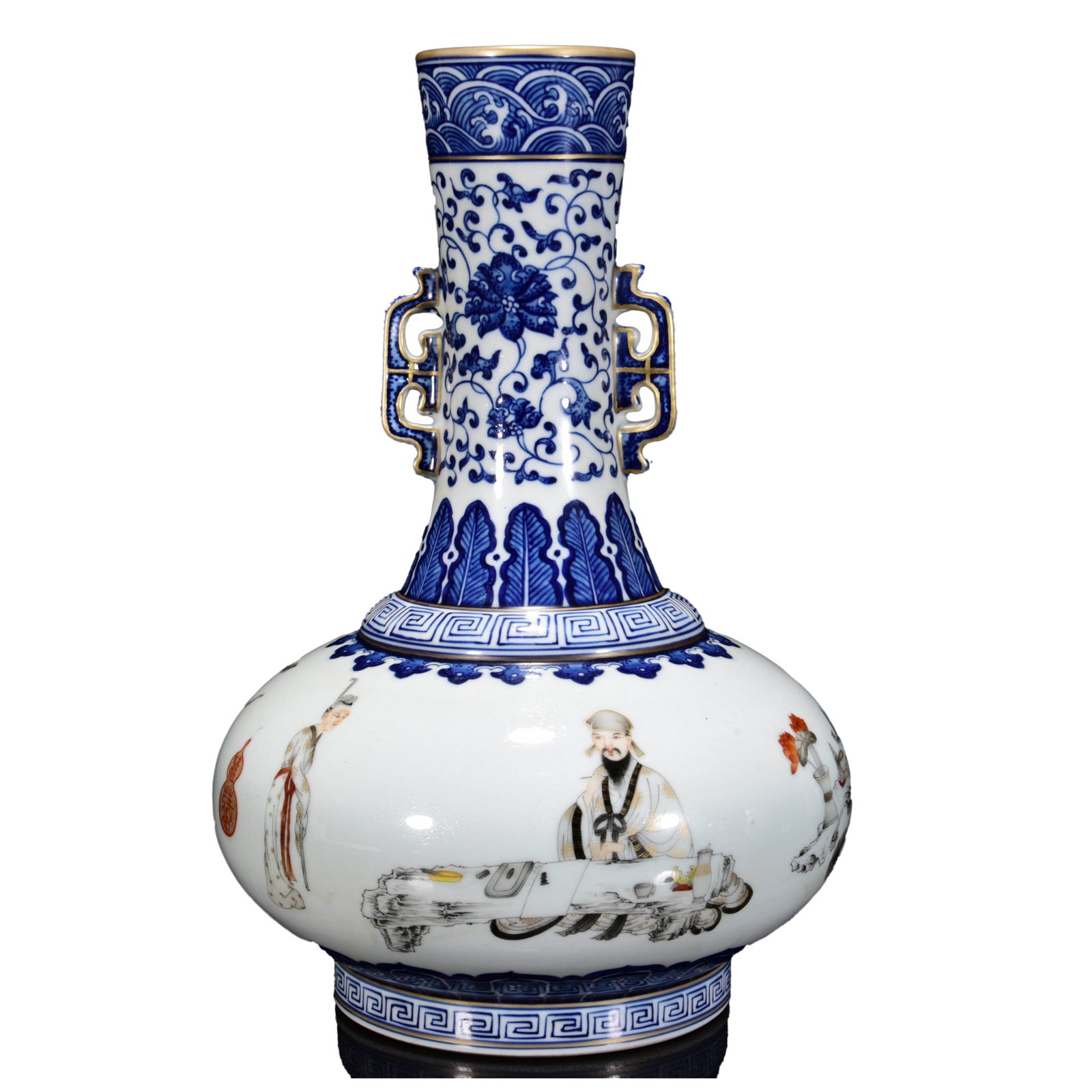 Porcelain Vase Blue And White Porcelina + Mocai w Sages Meeting,Qing Dynasty QianLong Mark: Porcelain Vase Blue And White Porcelina + Mocai w Sages Meeting,Qing Dynasty QianLong MarkDimension: 330 x 220 (mm) 12.99 x 8.66 (inches)
