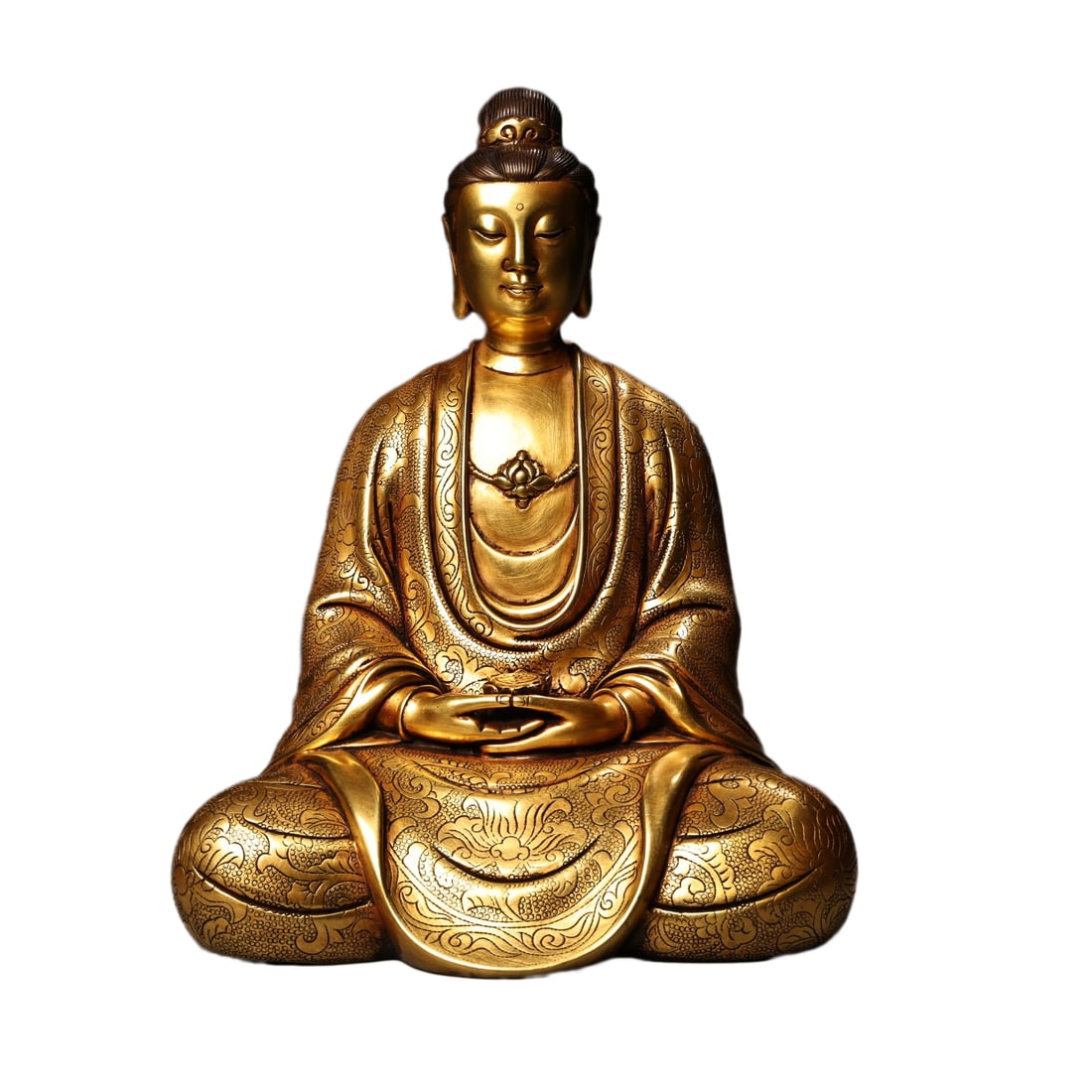 Tibetan Gilt Gold Copper Buddha Statue w Kwan-yin: Tibetan Gilt Gold Copper Buddha Statue w Kwan-yinDimension: 270 x 200 (mm) 10.63 x 7.87 (inches) Weight: 9.24 lbs/ 4190 g