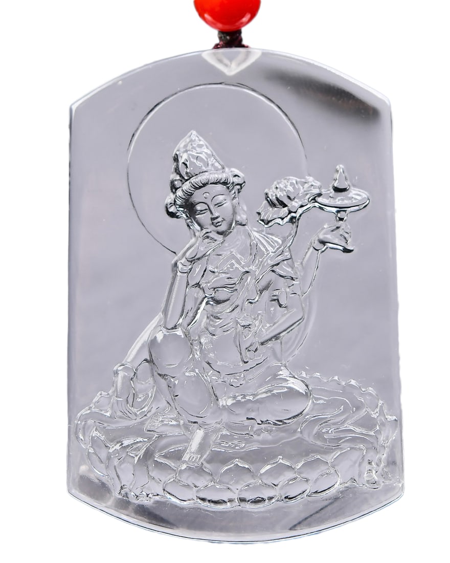 Natural White Crystal Hand-Carved Figure Pendant w Kwan-yin: Natural White Crystal Hand-Carved Figure Pendant w Kwan-yinDimension: 65 x 43 x 13 (mm) 2.56 x 1.69 x 0.51 (inches) Weight: 0.14 lbs/ 63 g