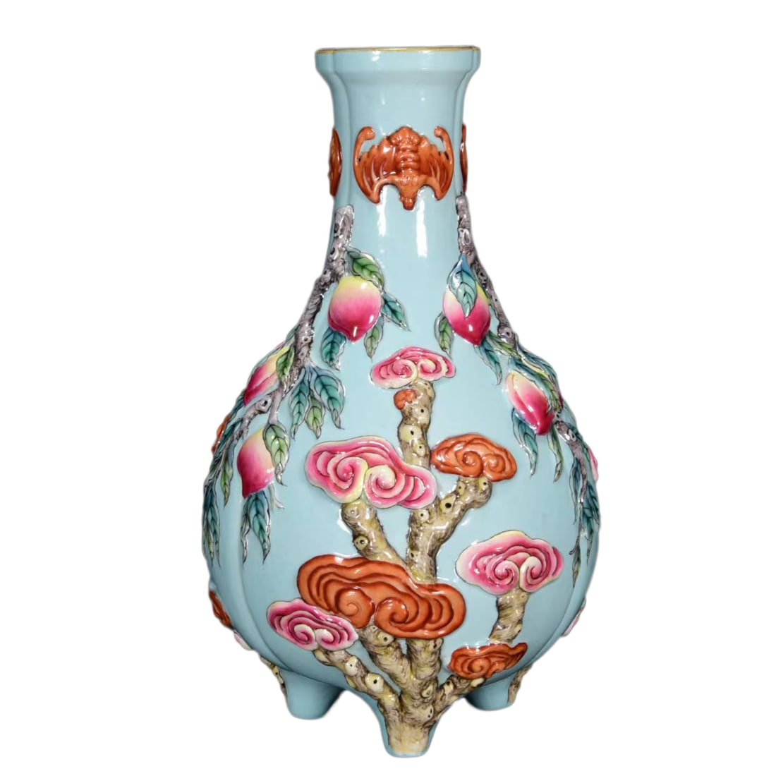 Porcelain Vase Famille Rose w Peach & Bat , Qing Dynasty QianLong Mark: Porcelain Vase Famille Rose w Peach & Bat , Qing Dynasty QianLong MarkDimension: 190 x 110 (mm) 7.48 x 4.33 (inches)