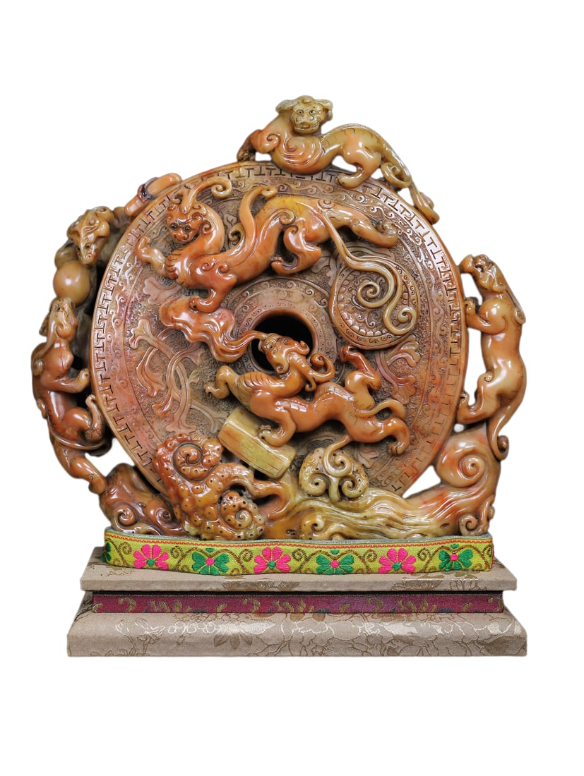 Vintage Shoushan Stone Hand-Carved Statue w Nine Dragon: Vintage Shoushan Stone Hand-Carved Statue w Nine DragonDimension: 250 x 230 (mm) 9.84 x 9.05 (inches) Weight (without base): 6.88 lbs/ 3120 gThe total weight does not include the base. The base is inc