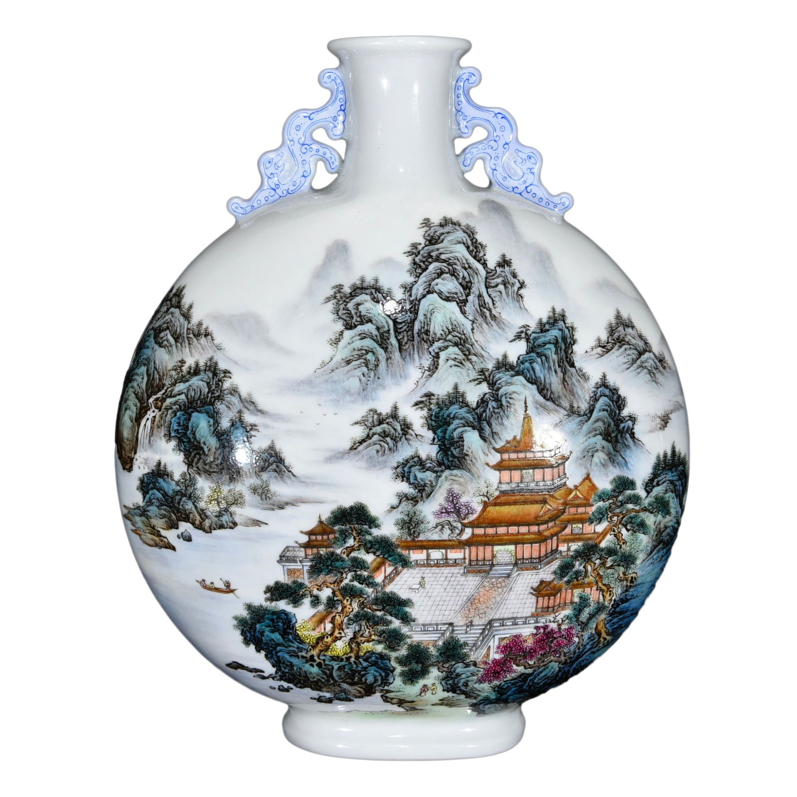 Porcelain Vase Famille Rose w Mountain River Scene,Qing Dynasty Yongzheng Mark: Porcelain Vase Famille Rose w Mountain River Scene,Qing Dynasty Yongzheng MarkDimension: 310 x 260 x 130 (mm) 12.20 x 10.24 x 5.12(inches)
