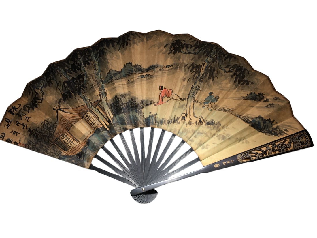 Chinese Watercolour On Xuan Paper Mountain River Scene & Figure Painting Fan (1 of 10)