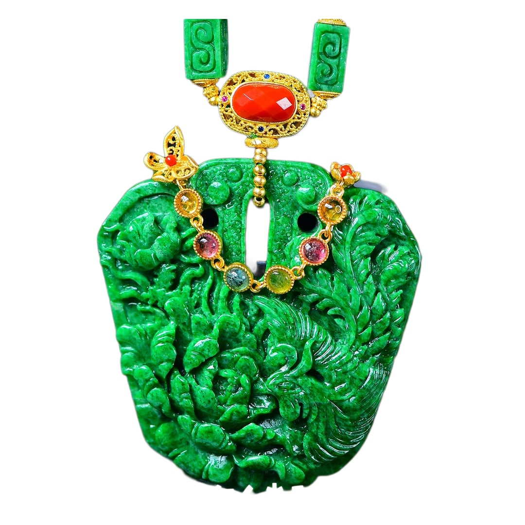 Green Jadeite Hand-Carved Divine Beast Pendant w Phoenix & Peony & Hand Woven Beads Necklace: Green Jadeite Hand-Carved Divine Beast Pendant w Phoenix & Peony & Hand Woven Beads Necklace - Full color, first-class water and top-grade jadeite, vibrant and lustrous green background, delicate and